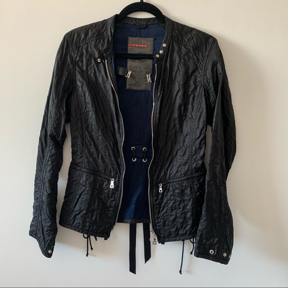 Black Prada zip up jacket top moto ruched size 42 - Picture 6 of 8